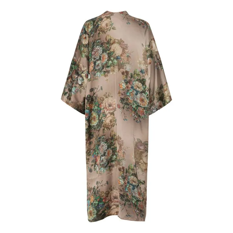 Karmamia Capri robe lang vendbar kimono med leopard og blomsterprint