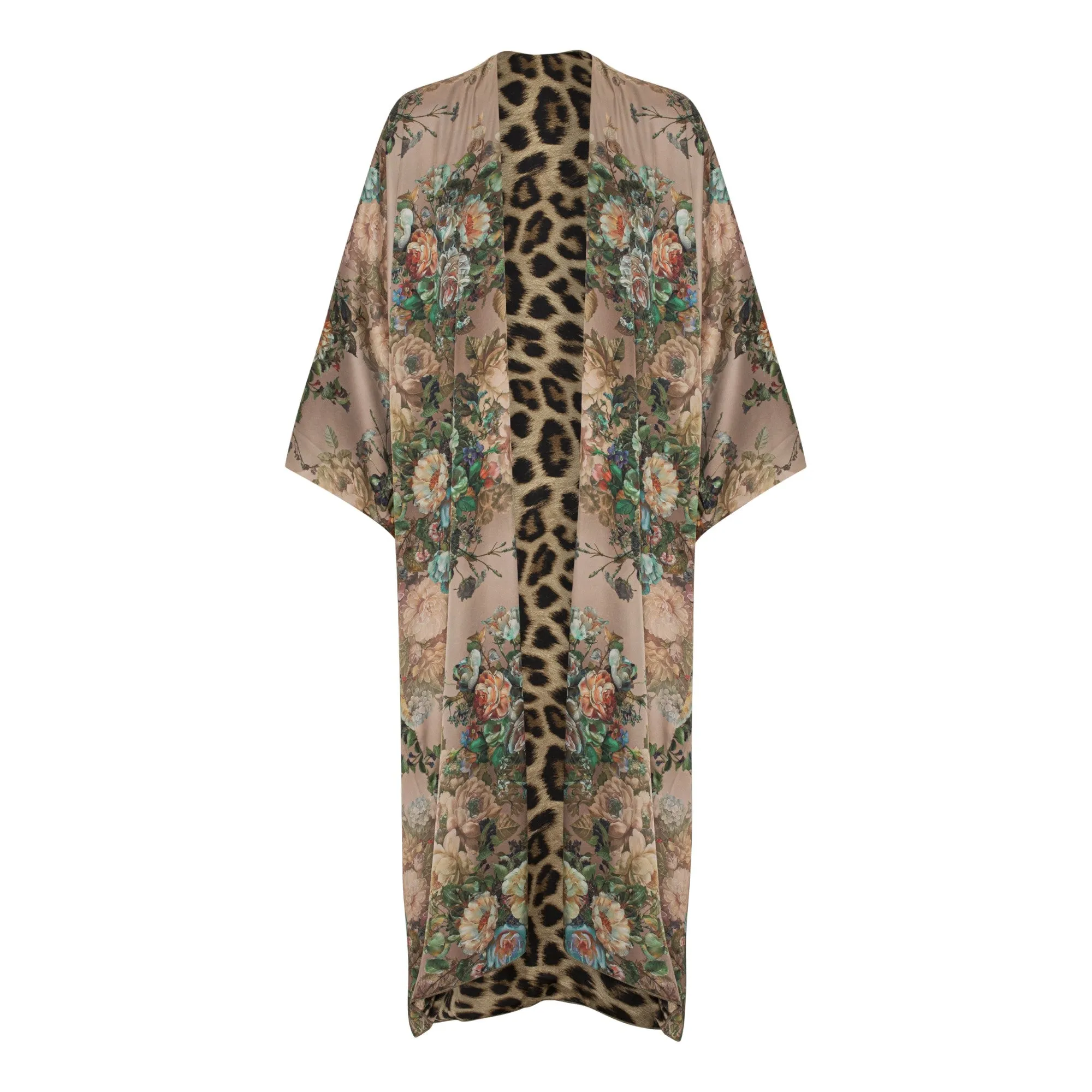 Karmamia Capri robe lang vendbar kimono med leopard og blomsterprint