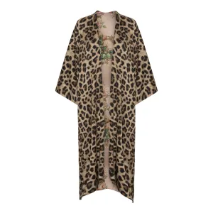Karmamia Capri robe lang vendbar kimono med leopard og blomsterprint