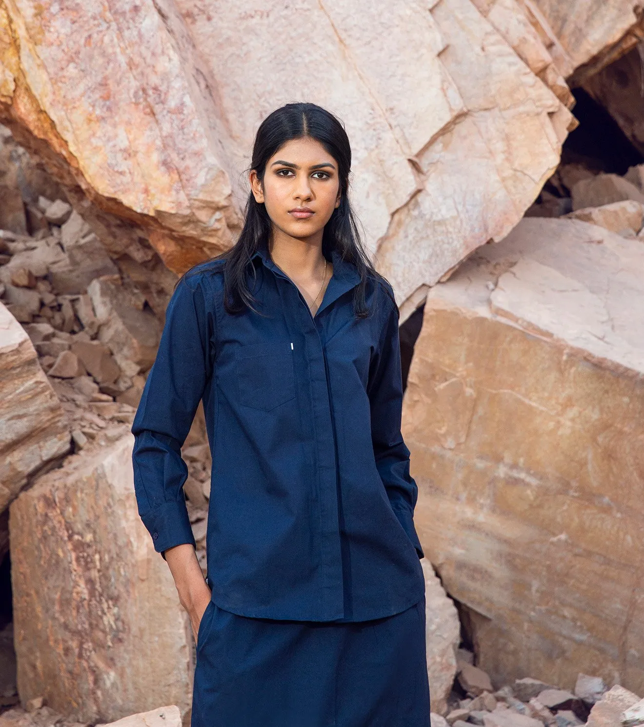 Khara Kapas   I   KharaKapas I Navy Blue Basic Shirt And Skirt Co - Ord Set   I  32 Days Of Summer