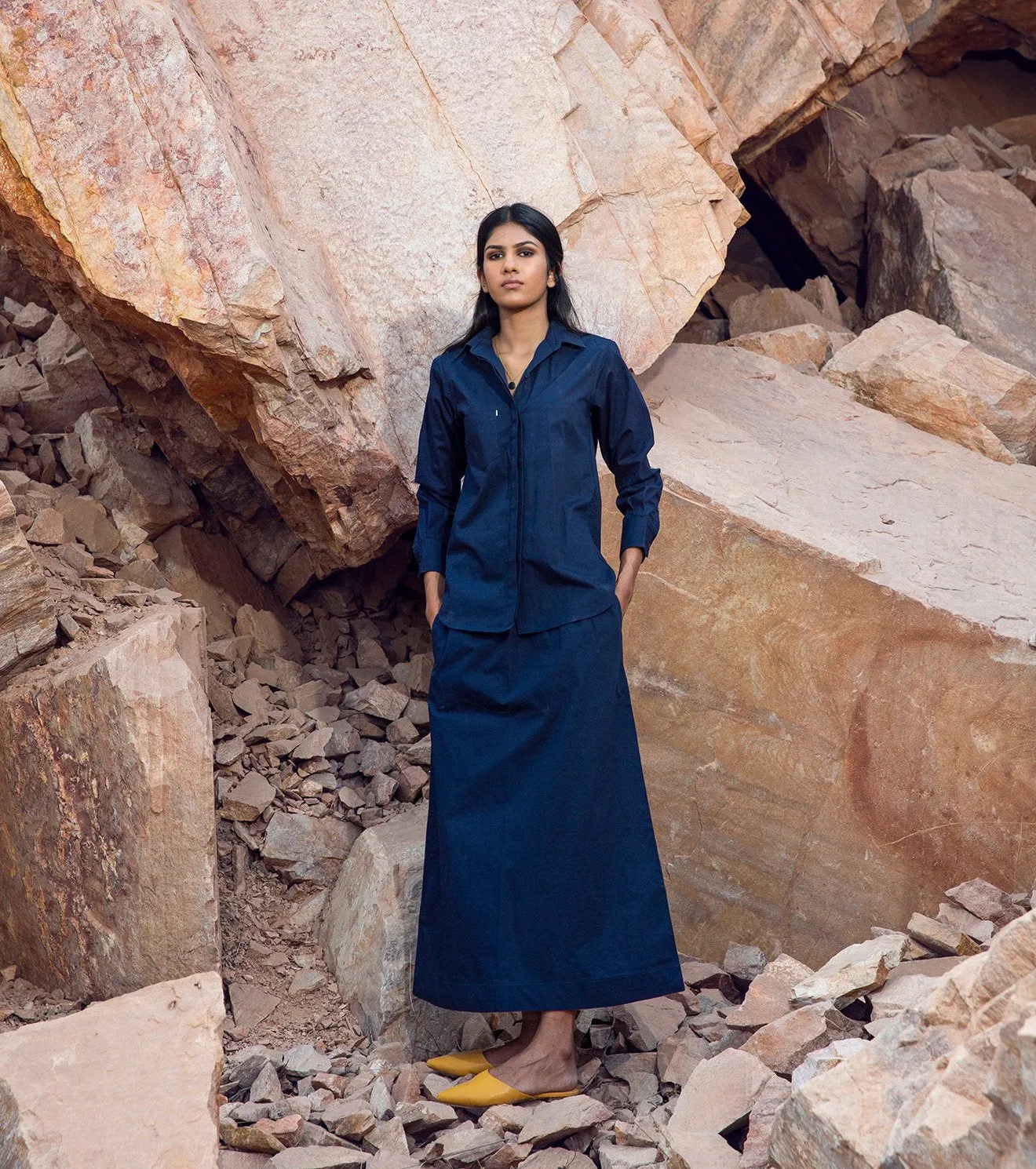 Khara Kapas   I   KharaKapas I Navy Blue Basic Shirt And Skirt Co - Ord Set   I  32 Days Of Summer