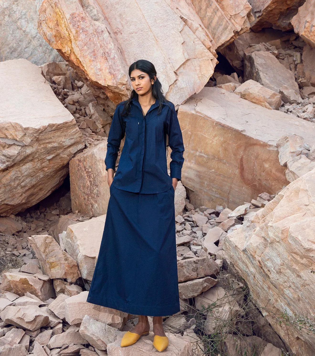 Khara Kapas   I   KharaKapas I Navy Blue Basic Shirt And Skirt Co - Ord Set   I  32 Days Of Summer