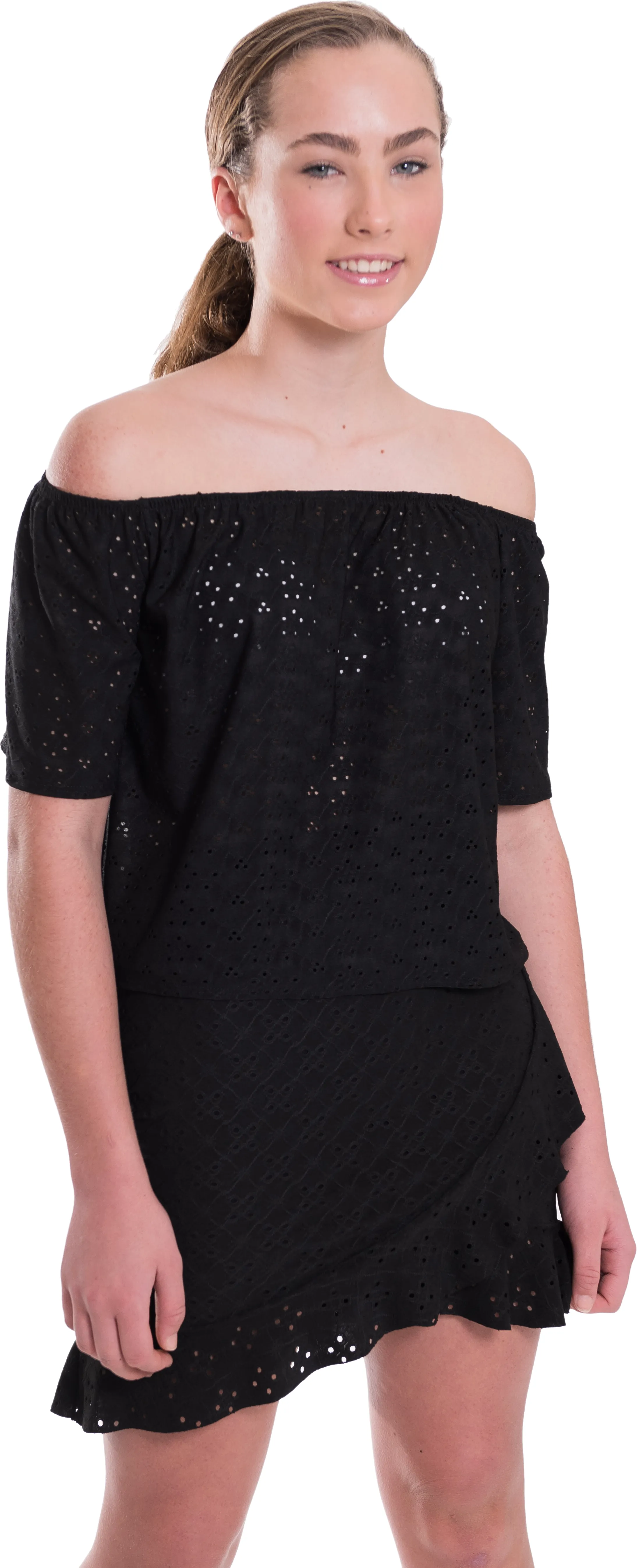 Kids Eyelet Off the Shoulder Top and Ruffle Skirt Set