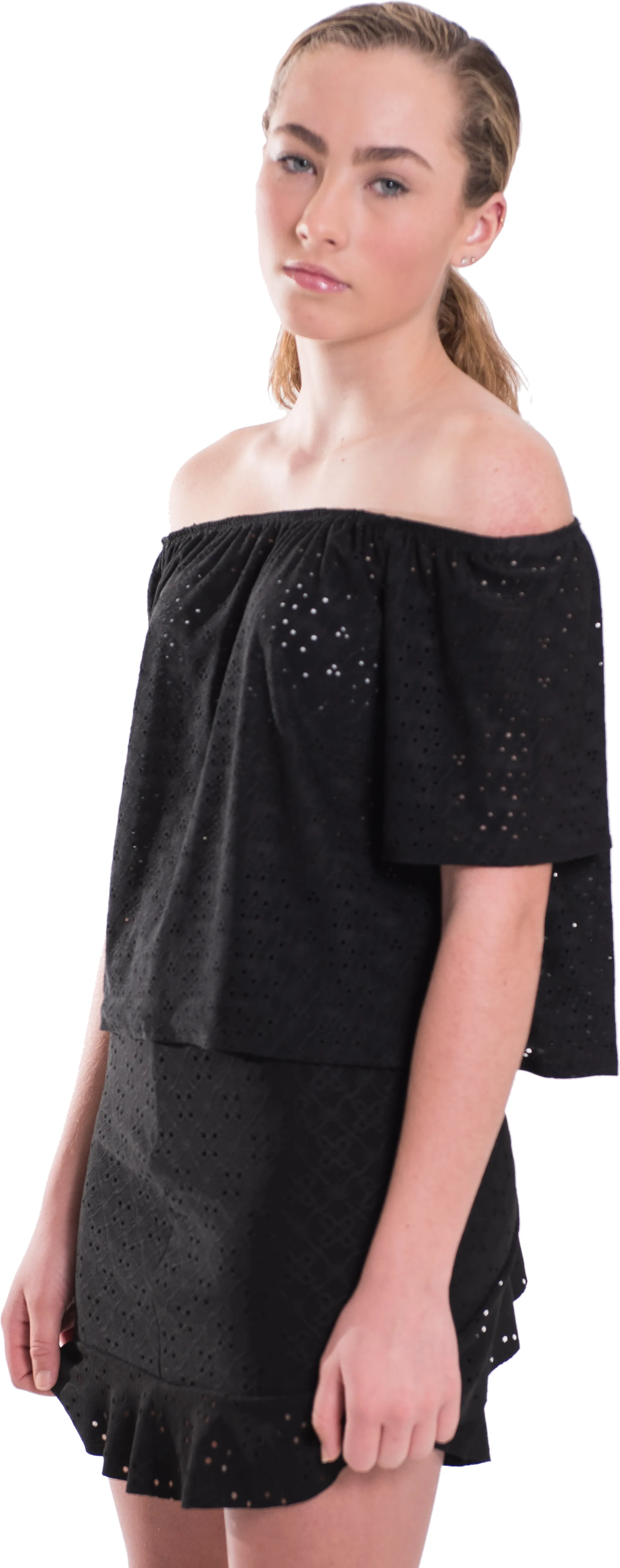 Kids Eyelet Off the Shoulder Top and Ruffle Skirt Set
