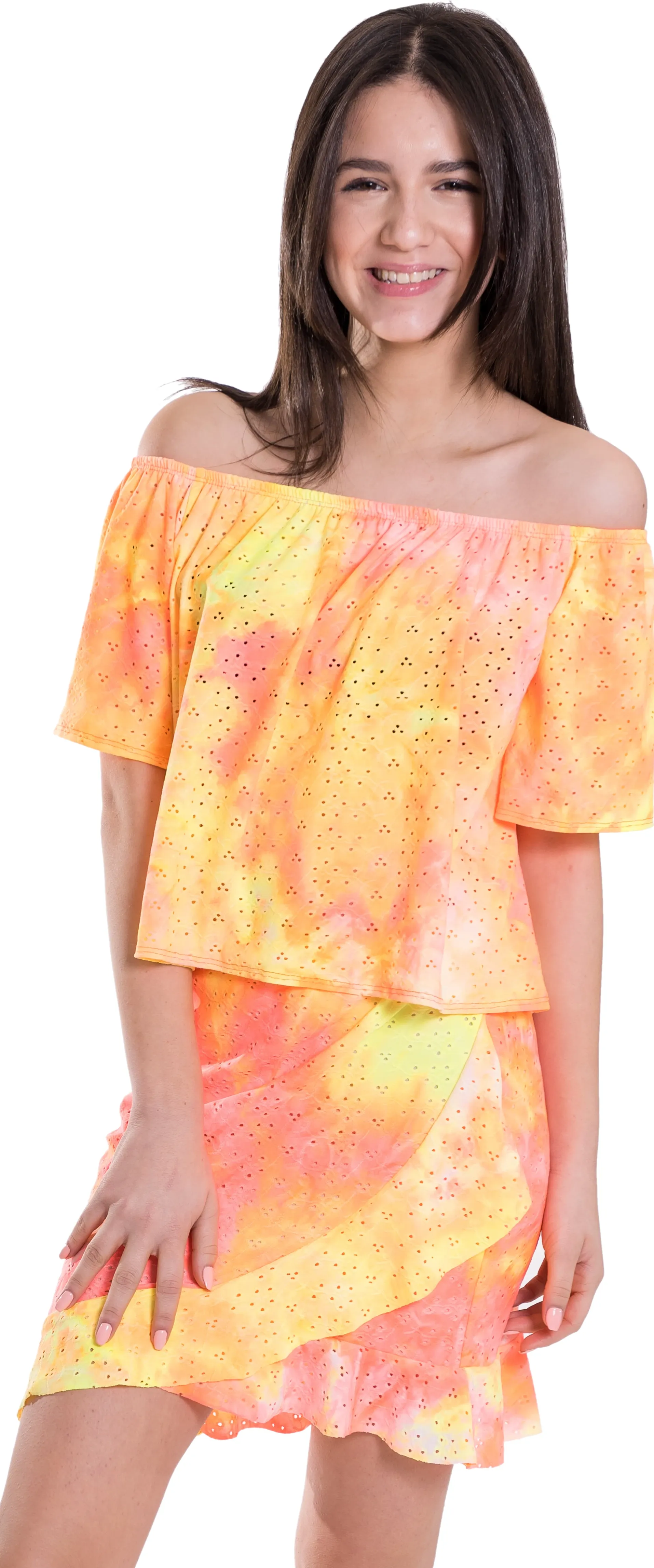Kids Eyelet Off the Shoulder Top and Ruffle Skirt Set