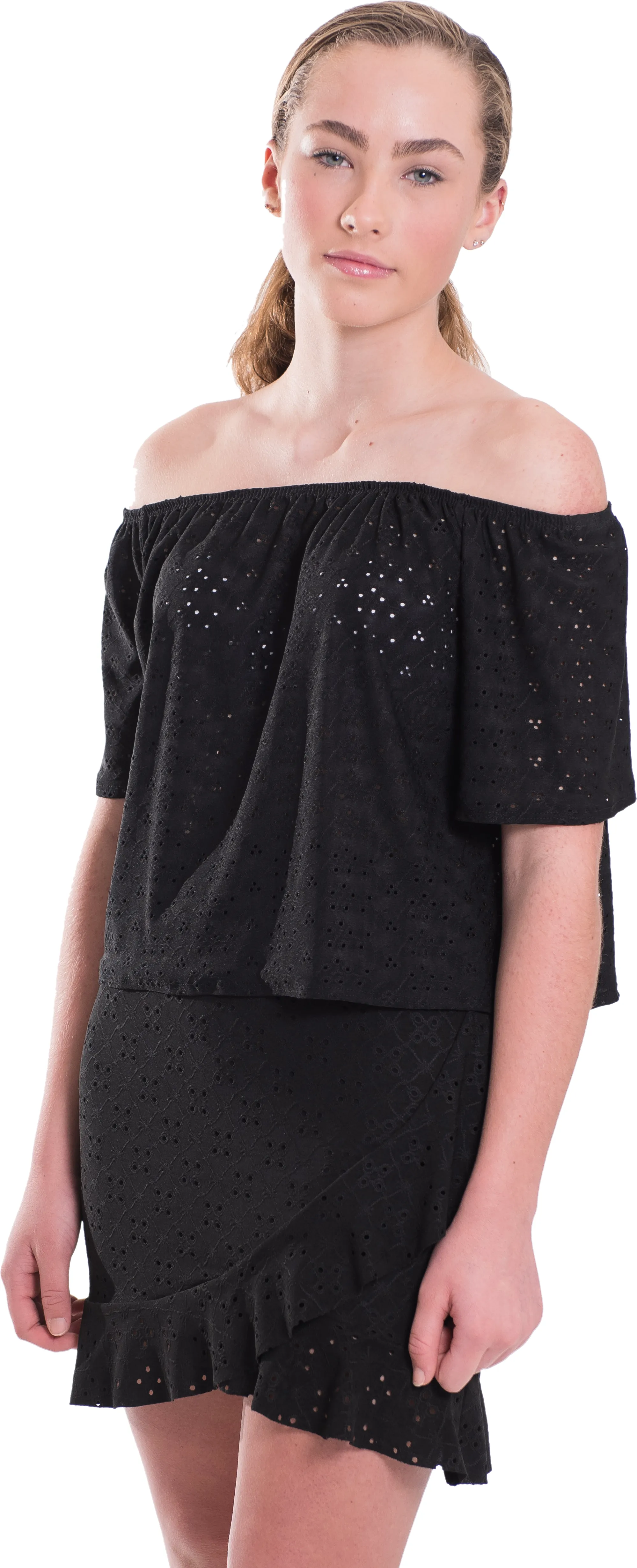 Kids Eyelet Off the Shoulder Top and Ruffle Skirt Set