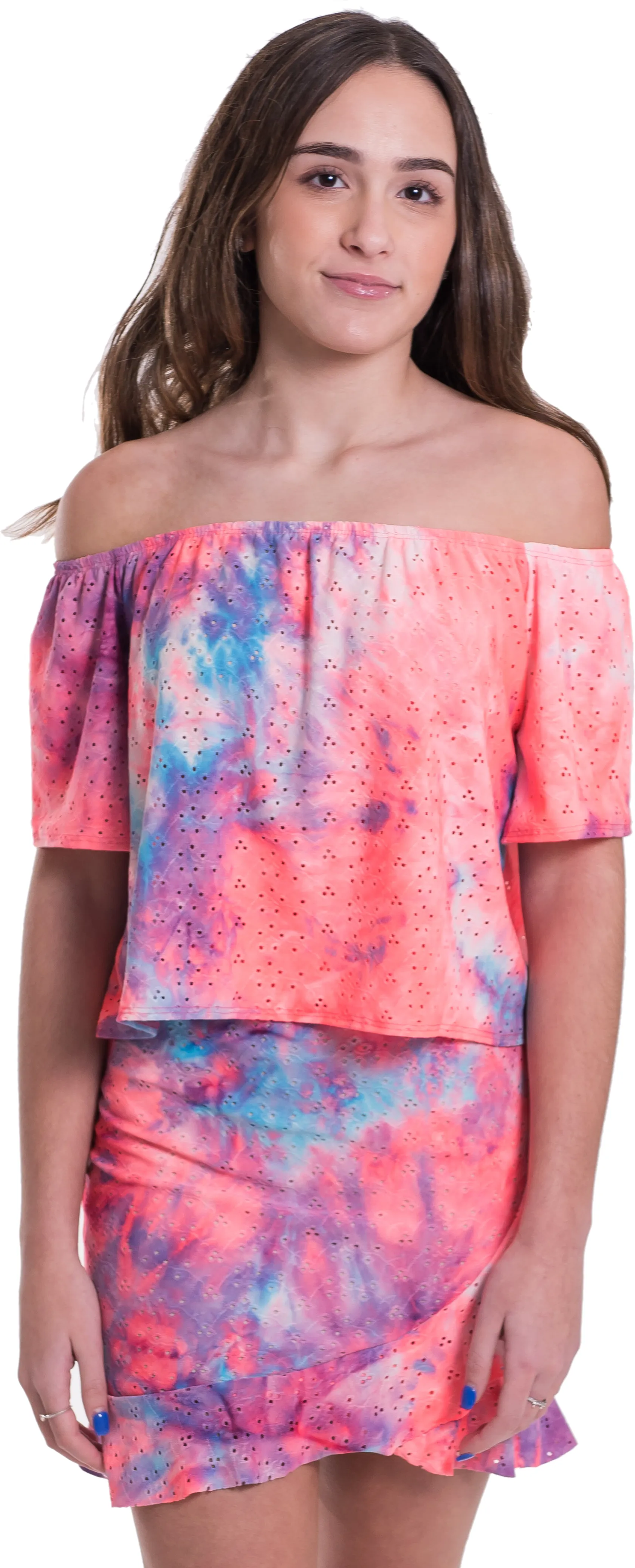 Kids Eyelet Off the Shoulder Top and Ruffle Skirt Set