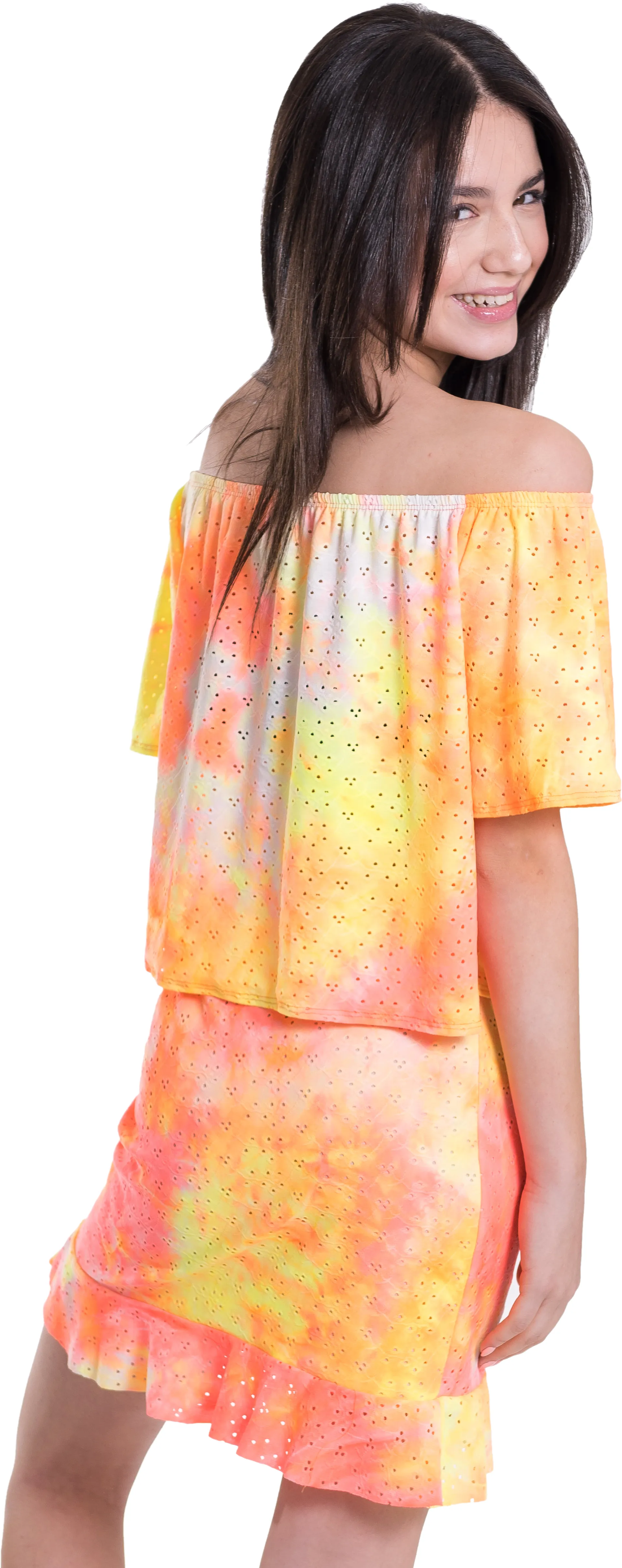 Kids Eyelet Off the Shoulder Top and Ruffle Skirt Set