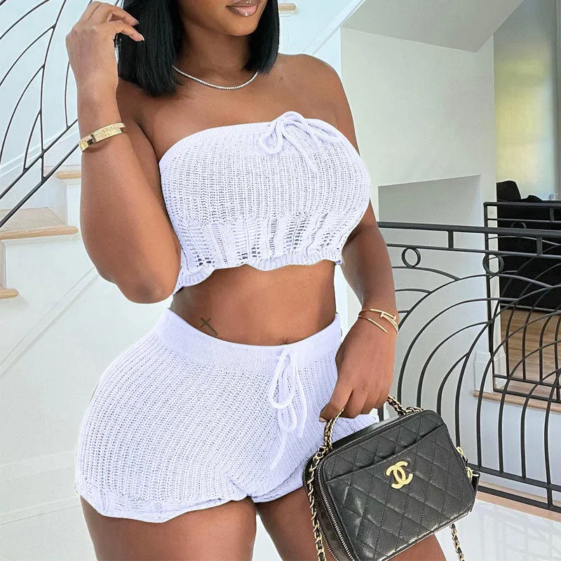 Knitted Off Shoulder Tube Top & Shorts Set
