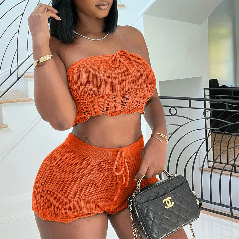 Knitted Off Shoulder Tube Top & Shorts Set
