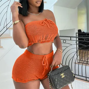 Knitted Off Shoulder Tube Top & Shorts Set