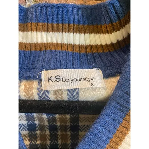 K.S be your style Blue/White Plaid Varsity Pullover Sweater Women’s Size 6