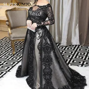 lace appliqué evening dresses with detachable train 2020 black modest beaded elegant evening gown
