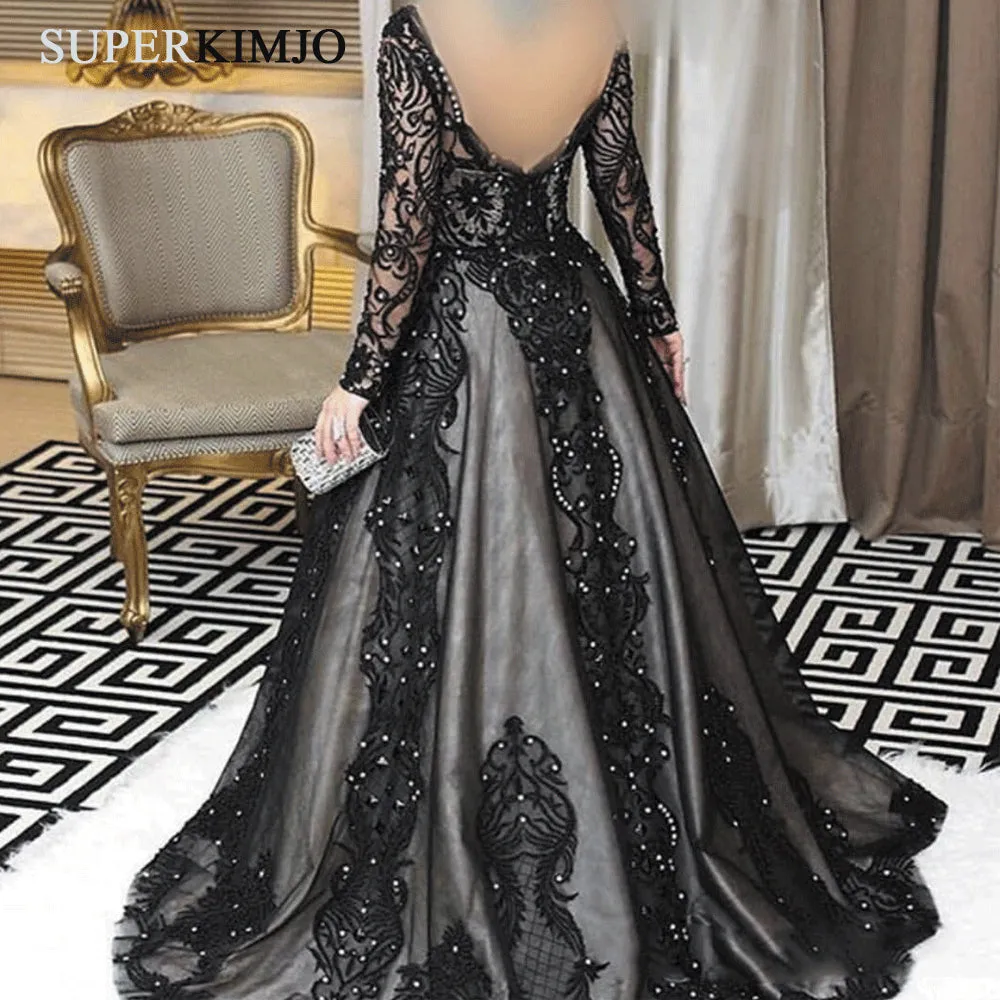lace appliqué evening dresses with detachable train 2020 black modest beaded elegant evening gown