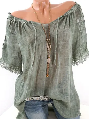 Lace-Combo Off-Shoulder Tee--Clearance