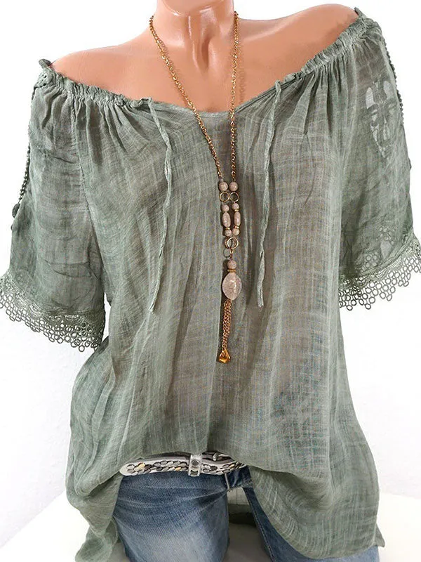 Lace-Combo Off-Shoulder Tee--Clearance