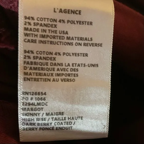 L'AGENCE Margot Skinny in Dark Berry Coated Jeans