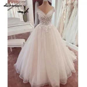 Lakshmigown V Neck Lace Beadings Bridal Off White Wedding Dress with Cap Sleeve 2023 Wedding Gown for Women Robe de mariee
