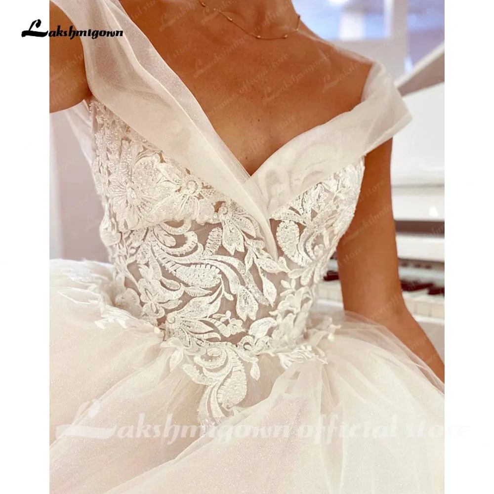 Lakshmigown V Neck Lace Beadings Bridal Off White Wedding Dress with Cap Sleeve 2023 Wedding Gown for Women Robe de mariee