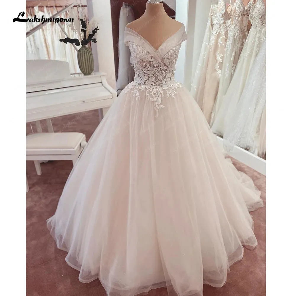 Lakshmigown V Neck Lace Beadings Bridal Off White Wedding Dress with Cap Sleeve 2023 Wedding Gown for Women Robe de mariee