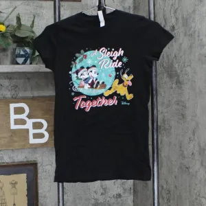 LAT Womens Fitted Graphic Mickey Mouse Sleigh Graphic T-Shirt Tee Black S