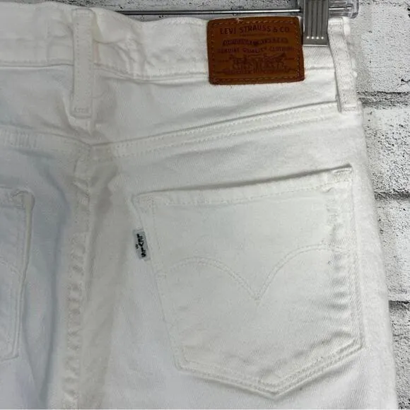 Levi’s 724 High Rise Straight Crop Distressed Raw Hem White Jeans Size 27