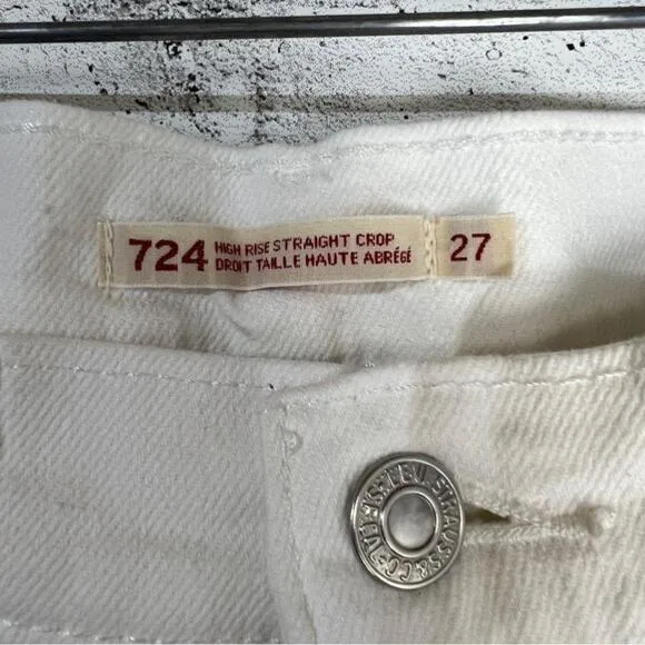 Levi’s 724 High Rise Straight Crop Distressed Raw Hem White Jeans Size 27