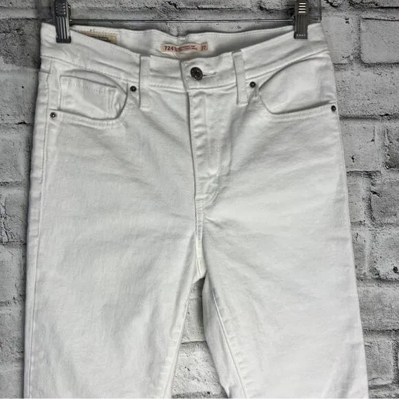 Levi’s 724 High Rise Straight Crop Distressed Raw Hem White Jeans Size 27