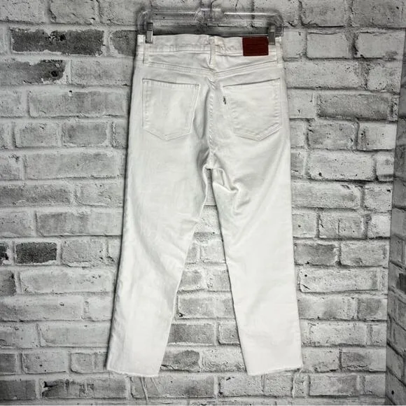 Levi’s 724 High Rise Straight Crop Distressed Raw Hem White Jeans Size 27