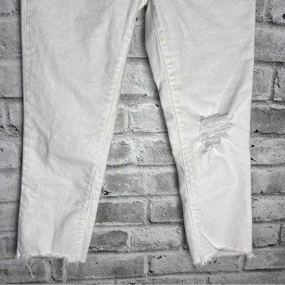 Levi’s 724 High Rise Straight Crop Distressed Raw Hem White Jeans Size 27