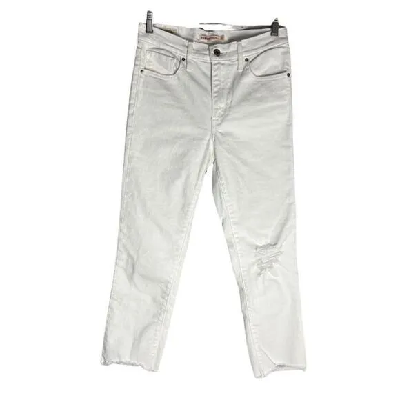 Levi’s 724 High Rise Straight Crop Distressed Raw Hem White Jeans Size 27