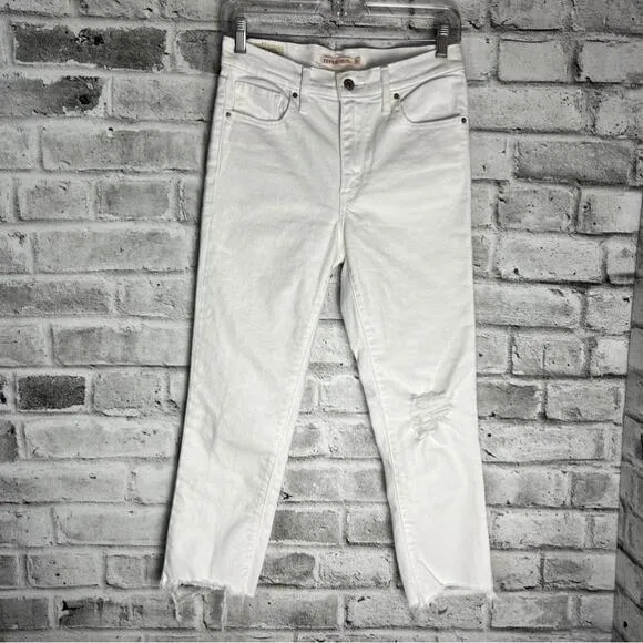 Levi’s 724 High Rise Straight Crop Distressed Raw Hem White Jeans Size 27
