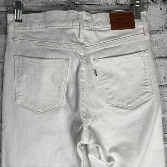 Levi’s 724 High Rise Straight Crop Distressed Raw Hem White Jeans Size 27