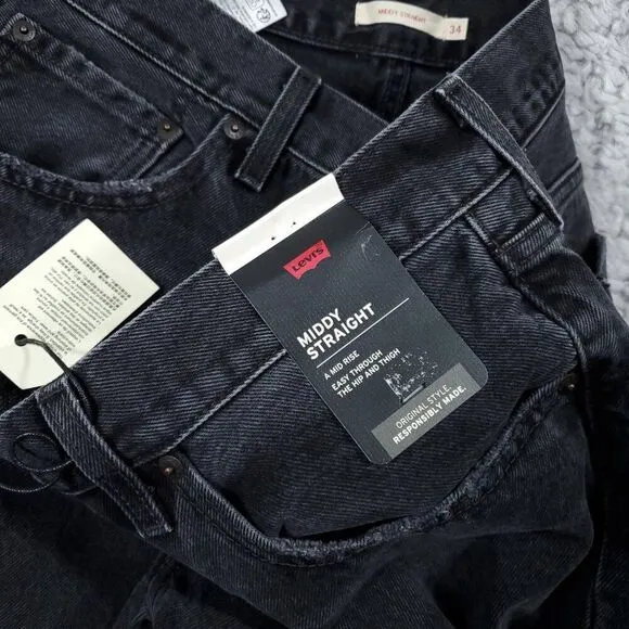 Levi's Premium Middy Straight Mid Rise Jeans Black Nonstretch Size 34 x 31