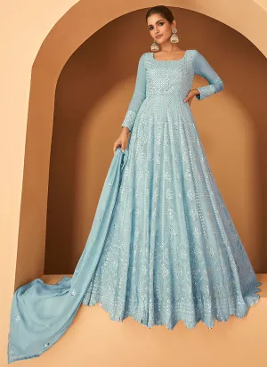Light Blue Heavy Embroidered Anarkali Suit