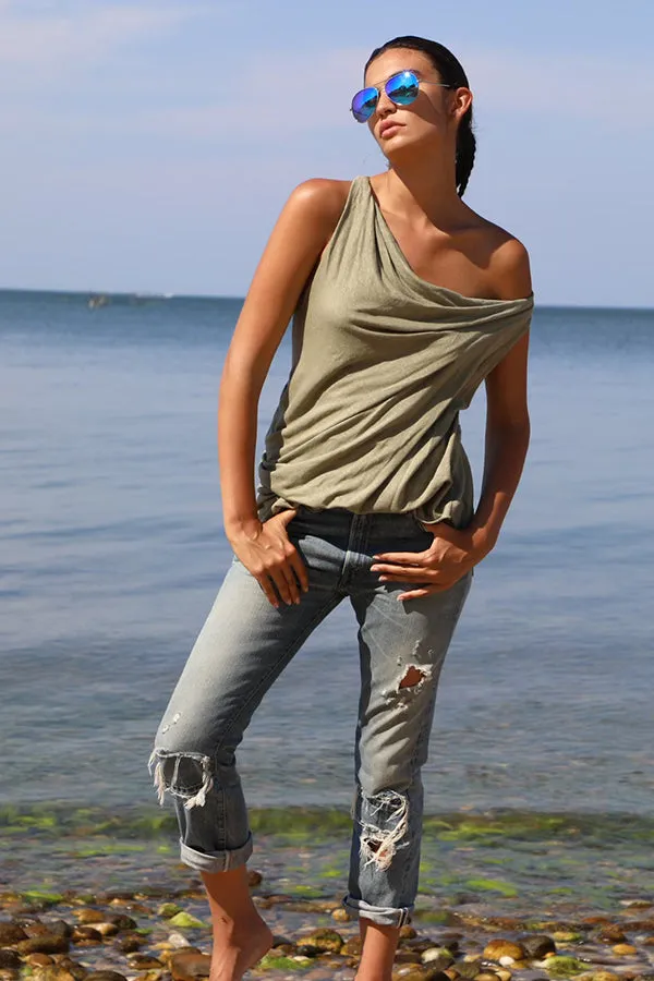 Linen Jersey Cowl Off The Shoulder Top