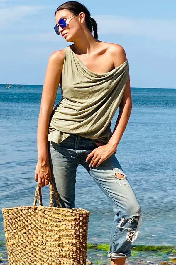Linen Jersey Cowl Off The Shoulder Top