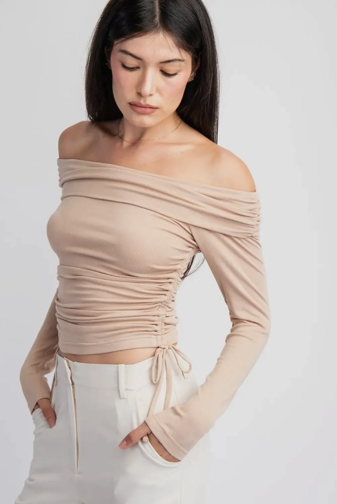 Long Sleeve Side Ruched Off Shoulder Top