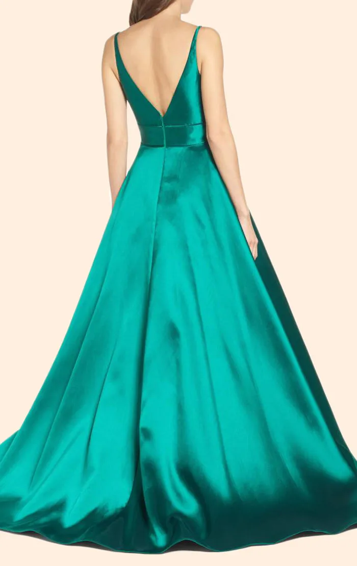 MACloth Deep V Neck Satin Long Prom Dress Green Formal Evening Gown