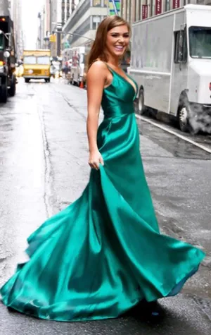 MACloth Deep V Neck Satin Long Prom Dress Green Formal Evening Gown