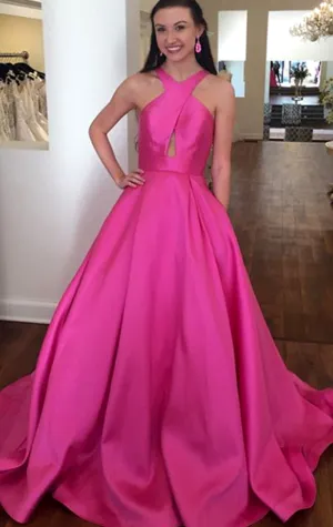 MACloth Halter Open Back Fuchsia Long Prom Dress Satin Formal Evening Gown