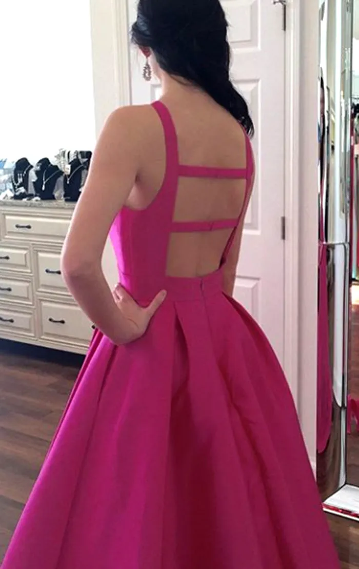 MACloth Halter Open Back Fuchsia Long Prom Dress Satin Formal Evening Gown