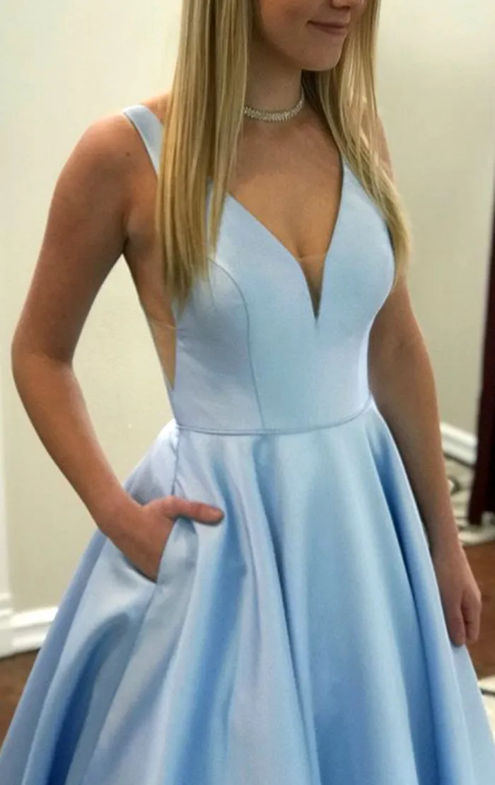 MACloth Illusion V Neck Satin Long Prom Dress Sky Blue Formal Evening Gown