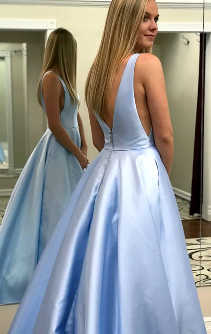 MACloth Illusion V Neck Satin Long Prom Dress Sky Blue Formal Evening Gown