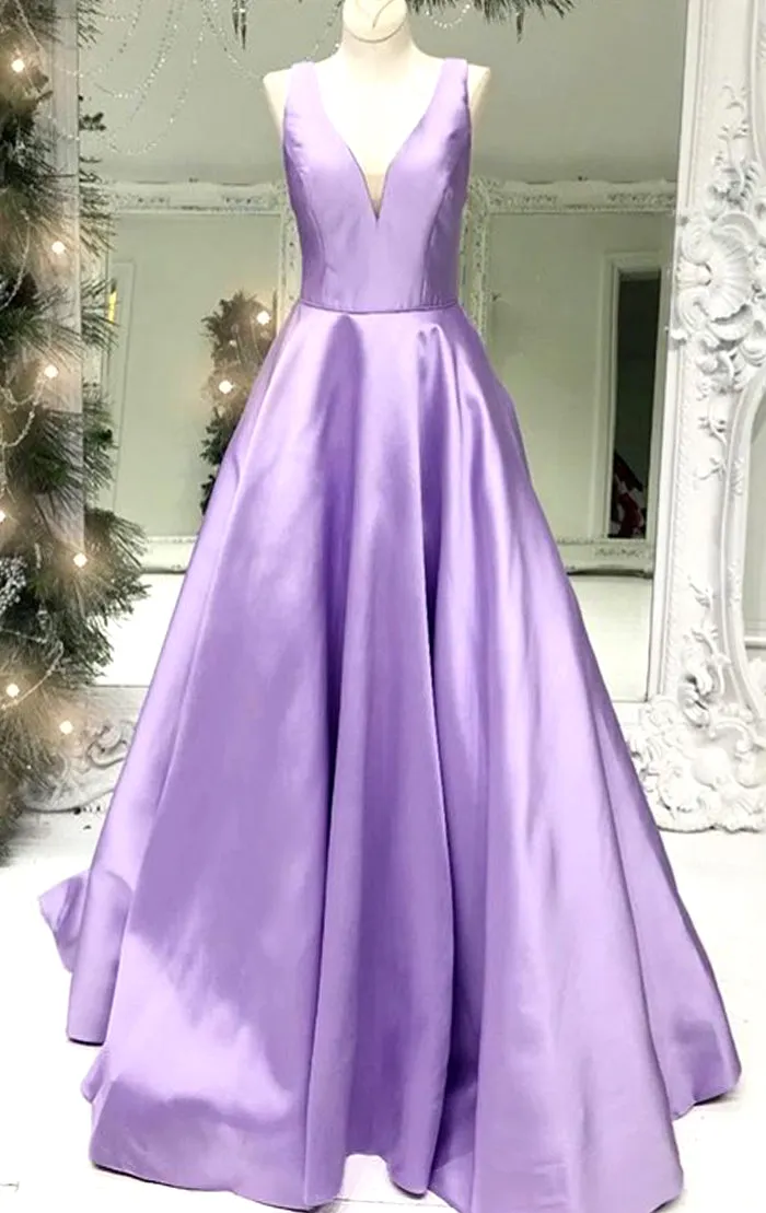 MACloth Illusion V Neck Satin Long Prom Dress Sky Blue Formal Evening Gown