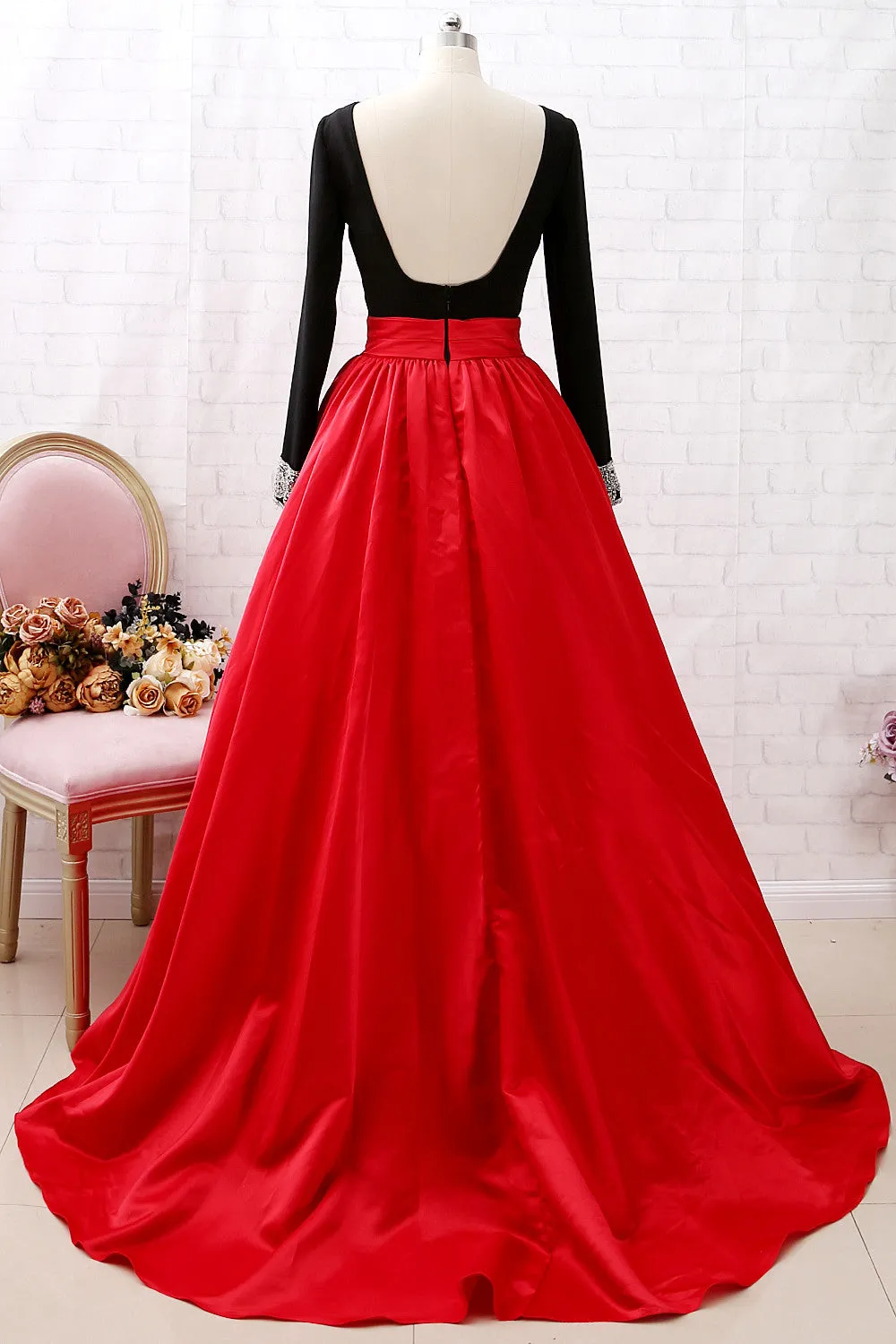 MACloth Long Sleeves Beaded Black Red Ball Gown Prom Dress Formal Evening Gown