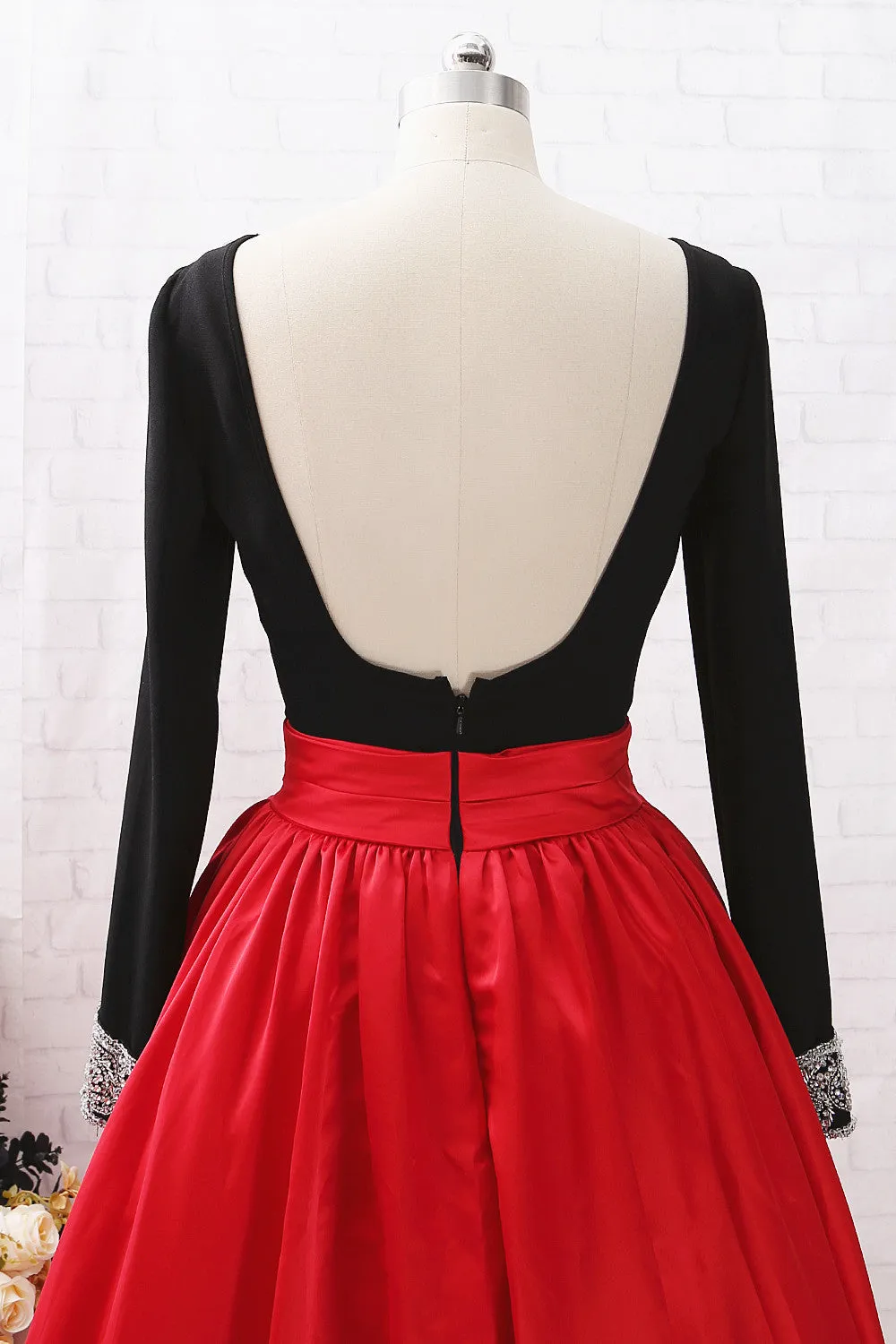 MACloth Long Sleeves Beaded Black Red Ball Gown Prom Dress Formal Evening Gown