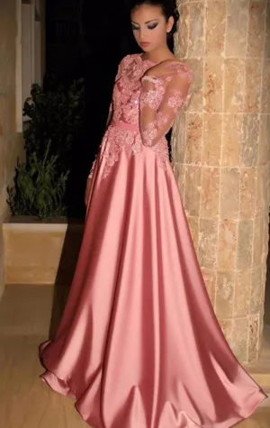 MACloth Long Sleeves Lace Satin Maxi Prom Dress Pink Formal Evening Gown