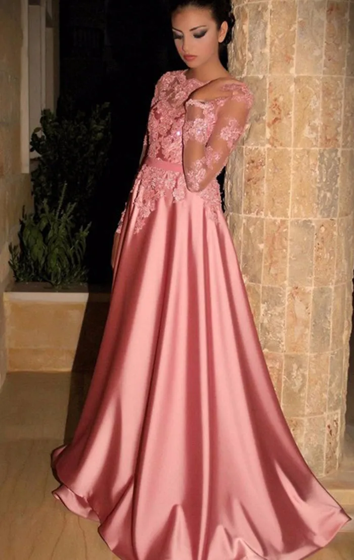 MACloth Long Sleeves Lace Satin Maxi Prom Dress Pink Formal Evening Gown