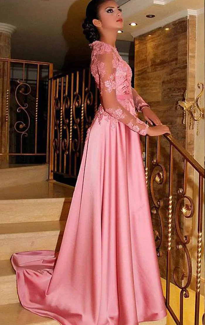 MACloth Long Sleeves Lace Satin Maxi Prom Dress Pink Formal Evening Gown